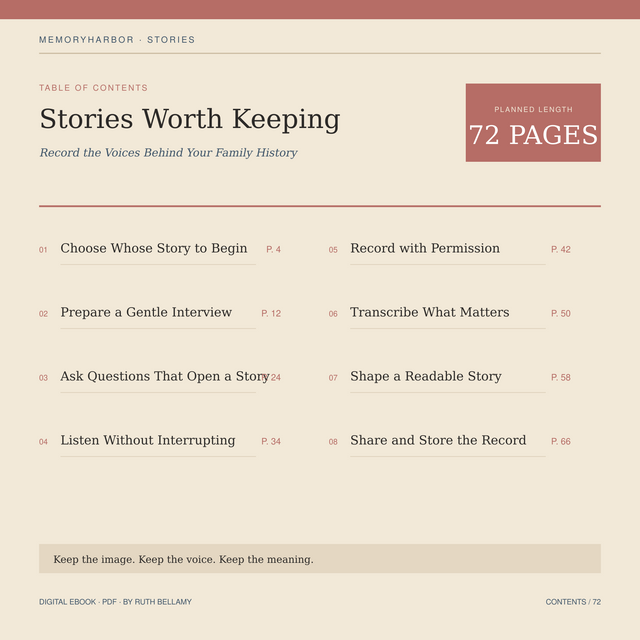 A sample page of Stories Worth Keeping, a digital family-memory guide from MEMORYHARBOR.