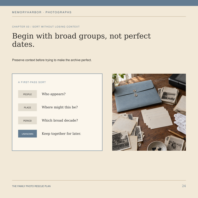 A sample page of The Family Keepsake Box, a digital family-memory guide from MEMORYHARBOR.